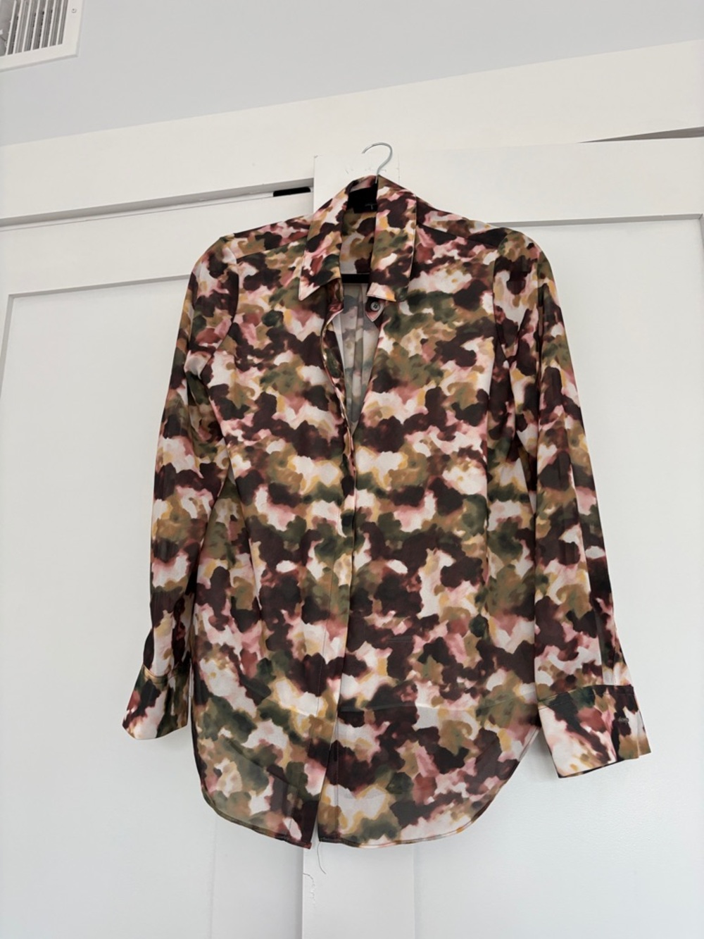 Tahari Watercolor Camo Button-Down Blouse - Olive, Pink, Brown